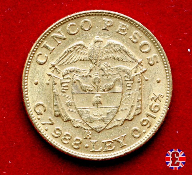 5 pesos - Rep. de Colombia - bolivar testa grande 1924 (Bogotà)