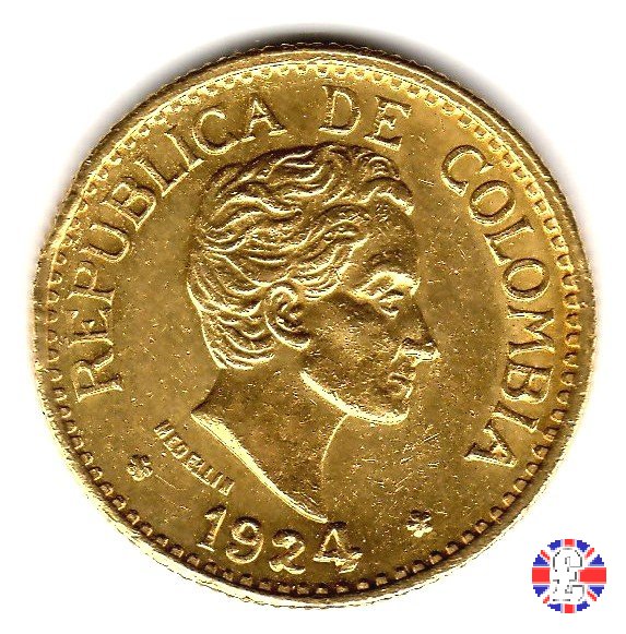 5 pesos - Rep. de Colombia - bolivar testa piccola 1924 (Medellin)