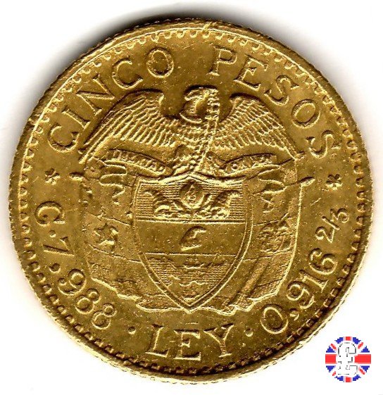 5 pesos - Rep. de Colombia - bolivar testa piccola 1924 (Medellin)