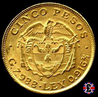 5 pesos - Rep. de Colombia - bolivar testa grande 1919 (Medellin)