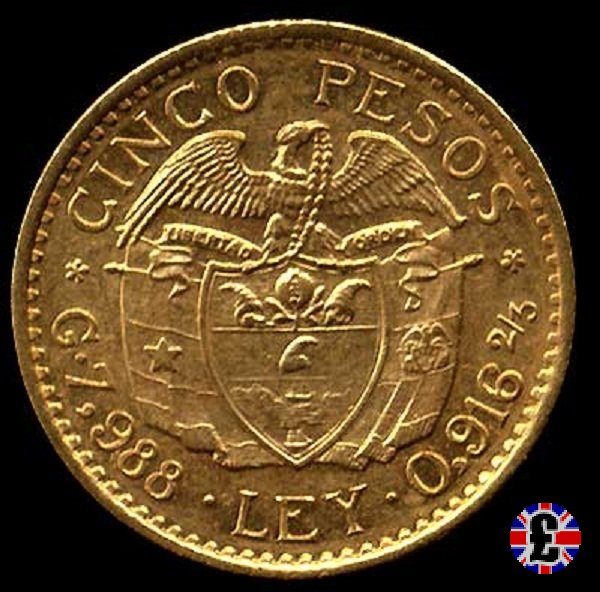 5 pesos - Rep. de Colombia - bolivar testa piccola 1926 (Medellin)