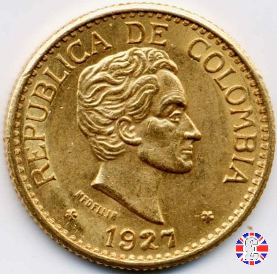 5 pesos - Rep. de Colombia - bolivar testa piccola 1927 (Medellin)