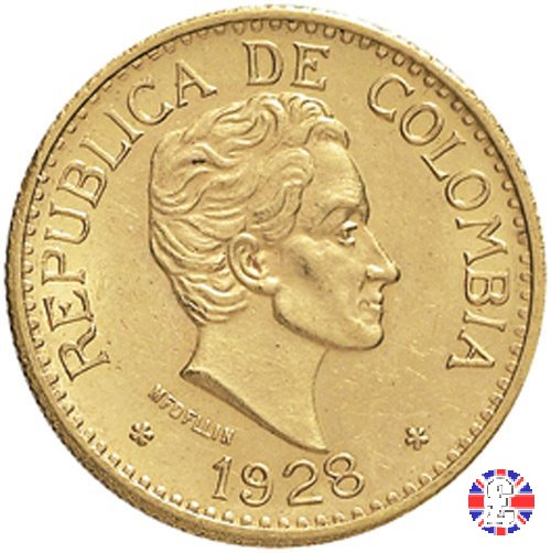 5 pesos - Rep. de Colombia - bolivar testa piccola 1928 (Medellin)