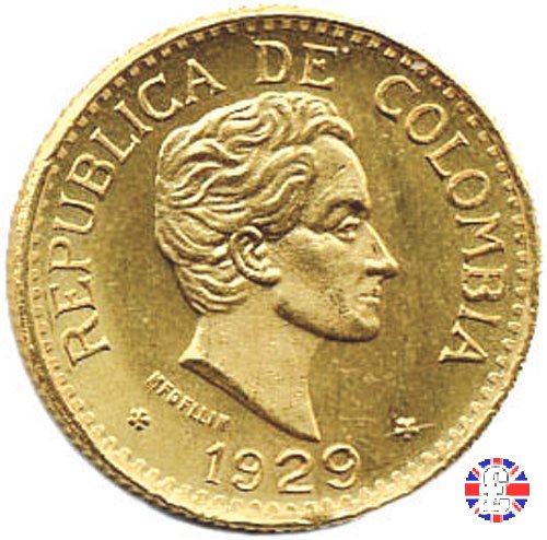 5 pesos - Rep. de Colombia - bolivar testa piccola 1929 (Medellin)