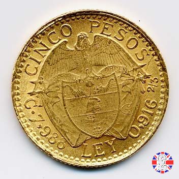 5 pesos - Rep. de Colombia - incisore della roccia 1919 (Medellin)