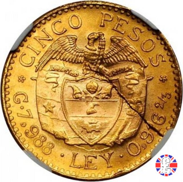 5 pesos - Rep. de Colombia - bolivar testa piccola 1928 (Medellin)