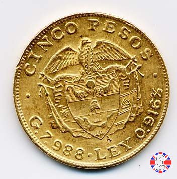 5 pesos - Rep. de Colombia - bolivar testa grande 1920 (Medellin)